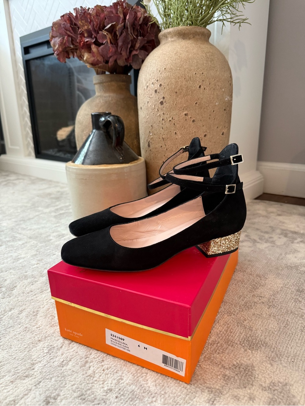 Kate Spade Marcellina Black Suede Ankle-Strap Block Heel with Gold Glitter